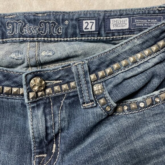 Vintage Y2K Miss Me Womens Denim Blue Studded Distressed Straight Jeans Size 27 - Picture 4 of 13